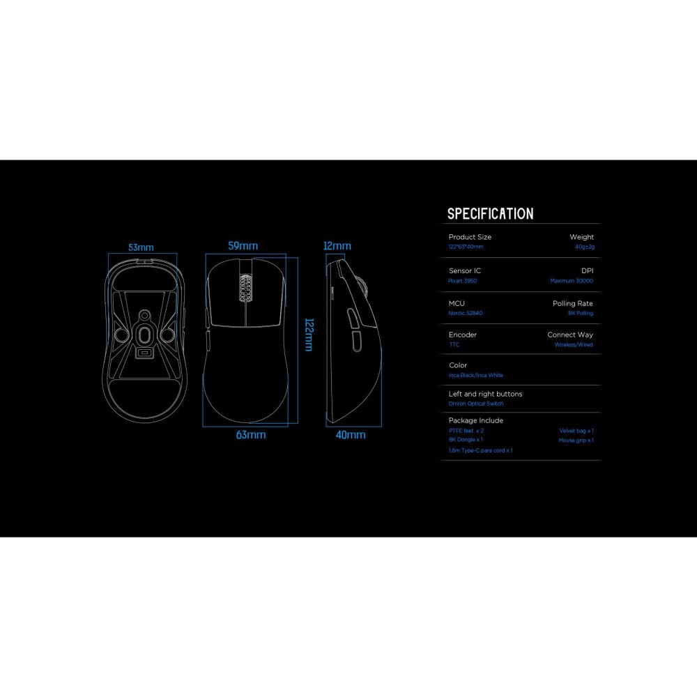LAMZU Souris de jeu blanche 8K INCA – Pixart 3950 40g